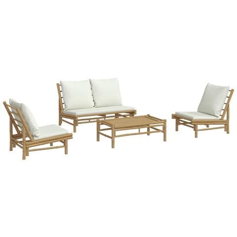 Set Salotto Da Giardino 4pz Con Cuscini Bianco Crema In Bambù - Foto 2