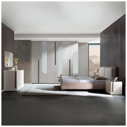 Camera Da Letto Loana Con Letto Imbottito Contenitore E Armadio 6 Ante Con Specchi Colore Cashmere Biscotto - Foto 1