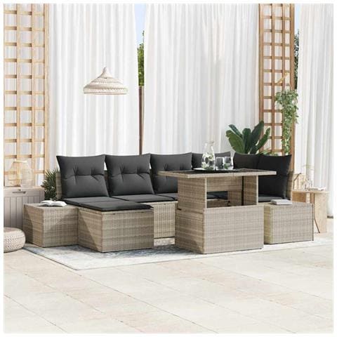Set da Giardino 7 Pezzi con Cuscini Grigio Chiaro in Polyrattan - Foto 2
