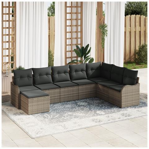 Set di Divani da Giardino  8 Pezzi con Cuscini Grigio Polyrattan, Divano da Giardino  2 Posti con Cuscini Grigio Polyrattan - Foto 2