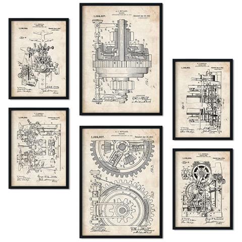 Set Di 6 Stampe Poster Con Brevetti Di Macchine Poster Con Immagini Di Brevetti Retrò Design D'interni In Stile Vintage A3 & A4 Cornice Nera - Foto 1