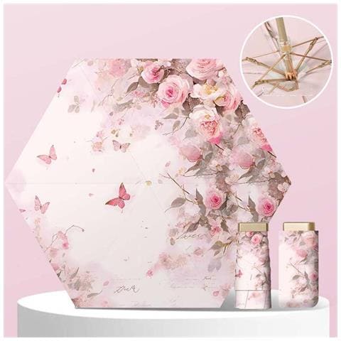 Mini Ombrello Piatto Ultraleggero A Sei Pieghe - Design Floreale, Struttura Dorata, Protezione Uv - Foto 1