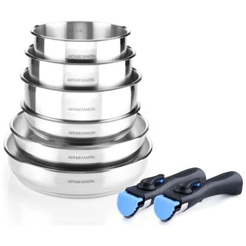 Am5538 - Batteria Di Pentole In Acciaio Inossidabile Da 8 Pezzi: 3 Padelle, 3 Pentole, 2 Maniglie - Tutti I Piani Cottura Inclusi Quelli A Induzione - Foto 1