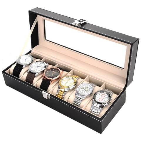 Scatola Per Orologi Con Serratura, 6 Scomparti E Piano In Vetro Black - Foto 1