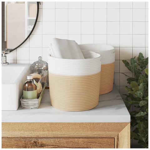 Cestini Portaoggetti 2pz Beige E Bianco 28x28 Cm In Cotone - Foto 3