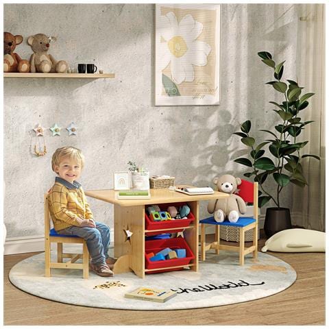 Set Tavolo e Sedie per Bambini 3-7 Anni con 2 Sedie e Tavolo con 4 Contenitori, in Legno e PP, color Legno - Foto 6