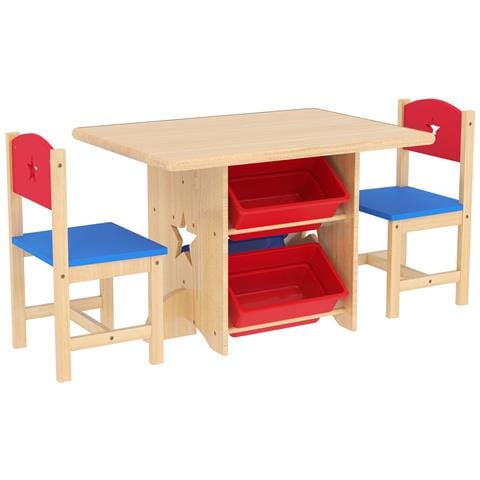 Set Tavolo e Sedie per Bambini 3-7 Anni con 2 Sedie e Tavolo con 4 Contenitori, in Legno e PP, color Legno - Foto 1