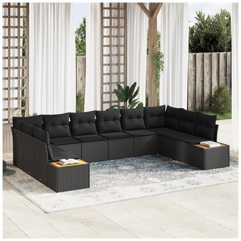 Set Divano da Giardino di 10 Pezzi con Cuscini Nero in Polyrattan Acacia - Foto 2