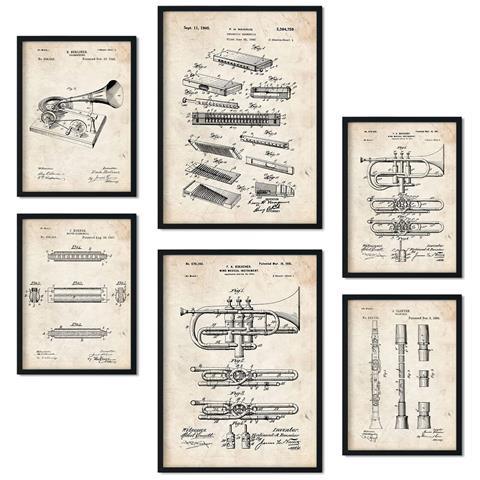 Set Di 6 Stampe Poster Con Brevetti Di Strumenti A Fiato Poster Con Immagini Di Brevetti Retrò Design D'interni In Stile Vintage A3 & A4 Cornice Nera - Foto 1