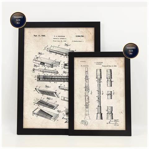 Set Di 6 Stampe Poster Con Brevetti Di Strumenti A Fiato Poster Con Immagini Di Brevetti Retrò Design D'interni In Stile Vintage A3 & A4 Cornice Nera - Foto 2
