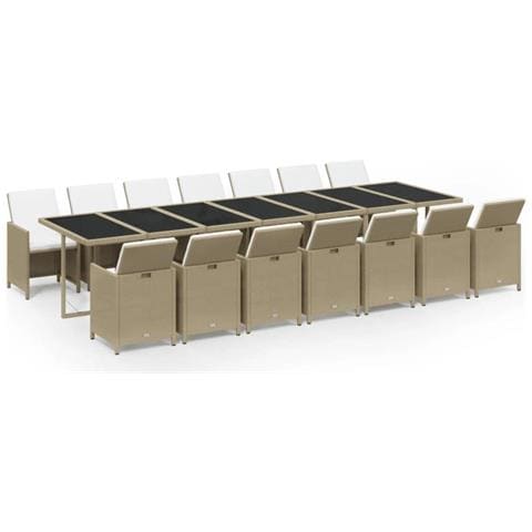Set Da Pranzo Per Giardino 15pz Con Cuscini In Polyrattan Beige - Foto 1