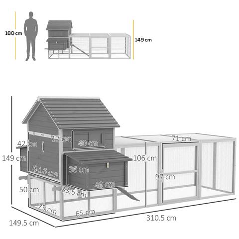 Pollaio Da Giardino Con Casetta Per Galline, Rampa E Area Aperta, 310.5x149.5x149cm, Grigio - Foto 2
