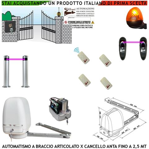 Cancello Elettrico Kit Motore A Braccio Articolato 220/24 V Anta Da 0,5 A 2,5 Mt Centrale 4 Radiocomandi Faro Selettor - Foto 1