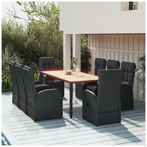 Set Pranzo Giardino 9pz Nero Polyrattan e Legno Massello Acacia - Foto 2
