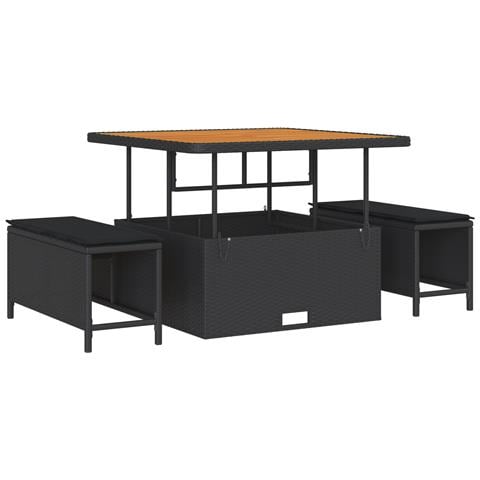 Set da pranzo da giardino in 3 pezzi con cuscini neri in polyrattan e acacia - Foto 1