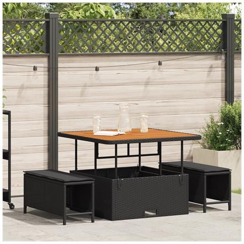 Set da pranzo da giardino in 3 pezzi con cuscini neri in polyrattan e acacia - Foto 2