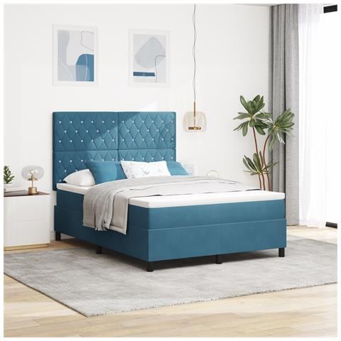Letto a Box Spring con Materasso Blu Scuro 140x200 cm Velluto - Foto 2