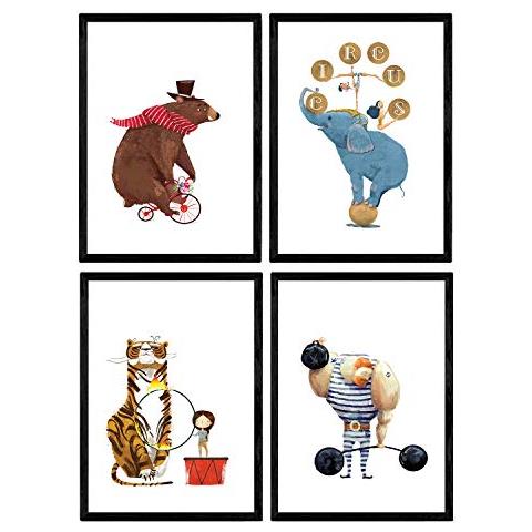 Set Di 4 Stampe Poster Con Illustrazioni Del Circo Forzudo Bear Su Acrobatic Elephant Bike E Leon Bambini Nel Circo Fogli Decorativi Cornice Nera A3 - Foto 1