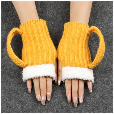 Guanti Invernali Senza Dita In Maglia 3d A Forma Di Boccale Di Birra - Giallo - Foto 6