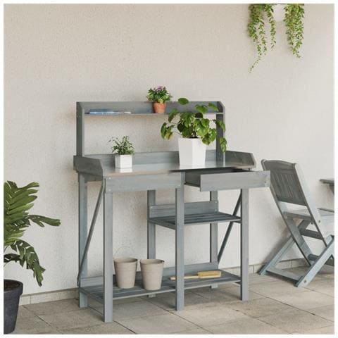 Panca Porta Vasi Con Ripiani Grigia In Legno Massello Di Abete - Foto 3