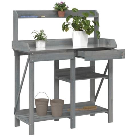 Panca Porta Vasi Con Ripiani Grigia In Legno Massello Di Abete - Foto 1