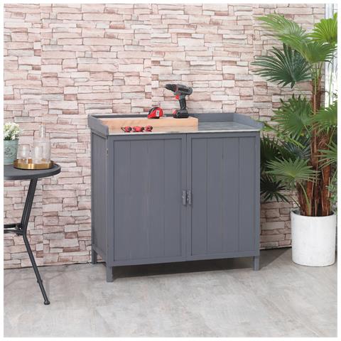 Armadietto Da Esterno In Legno Con Piano In Metallo E 2 Ripiani Porta Attrezzi, 98x48x95.5 Cm, Grigio - Foto 2