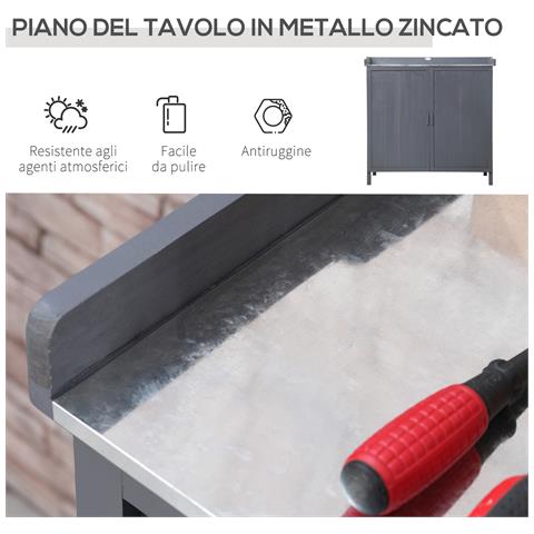 Armadietto Da Esterno In Legno Con Piano In Metallo E 2 Ripiani Porta Attrezzi, 98x48x95.5 Cm, Grigio - Foto 6