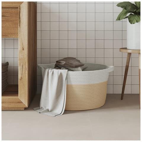 Cestino Portaoggetti Beige E Bianco 40x25 Cm In Cotone - Foto 3