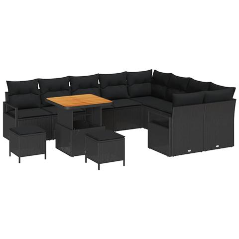 Set di Divano da Giardino da 12 Pezzi con Cuscini Rattan Polivalente Nero Acacia,  Set di Pranzo da Giardino da 3 Pezzi con Cuscini Rattan Polivalente Nero Acacia,  Divano da Giardino a Due Posti con Cuscini Rattan Polivalente Nero - Foto 1