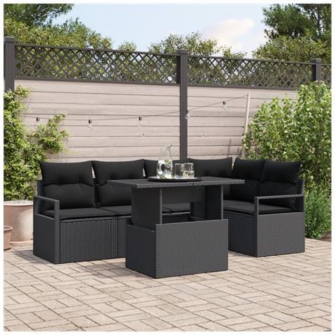 Set di divani da giardino 6 pezzi con cuscini Nero Polyrattan, Divano da giardino 2 posti con cuscini Nero Polyrattan - Foto 2