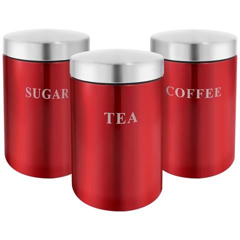 Lotto 3 Scatole In Acciaio Inox Per Caffè, Tè E Zucchero, Ermetiche, Rosso - Foto 1
