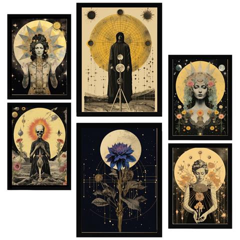 Set Di 6 Stampe Dipinto Decorativo Collage Surreale In Mistico Ed Esoterico Stella Incorniciata Con Illustrazioni A3 & A4 Cornice Nera - Foto 1