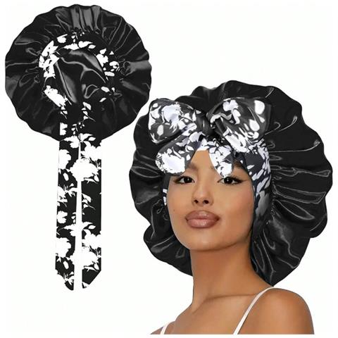 Cuffia Da Notte In Raso Con Stampa Floreale, Tesa Larga E Nastri - Bonnet Extra Large Black - Foto 2