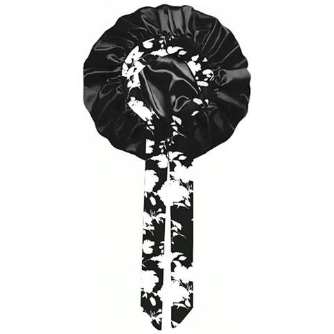 Cuffia Da Notte In Raso Con Stampa Floreale, Tesa Larga E Nastri - Bonnet Extra Large Black - Foto 1