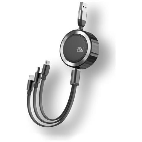 Cavo Retraibile 3 In 1 Micro-usb /lightning /usb-c A Usb 3a 480mbps 1,2m, Nero / Argento - Foto 1