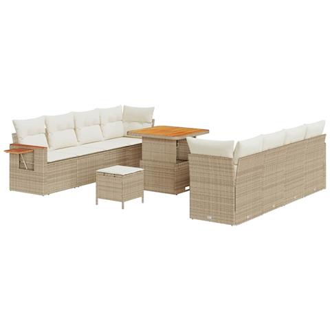 Set di divani da giardino da 11 pezzi con cuscini Beige Polyrattan Acacia, Set da pranzo da giardino da 3 pezzi con cuscini Beige Polyrattan Acacia - Foto 1