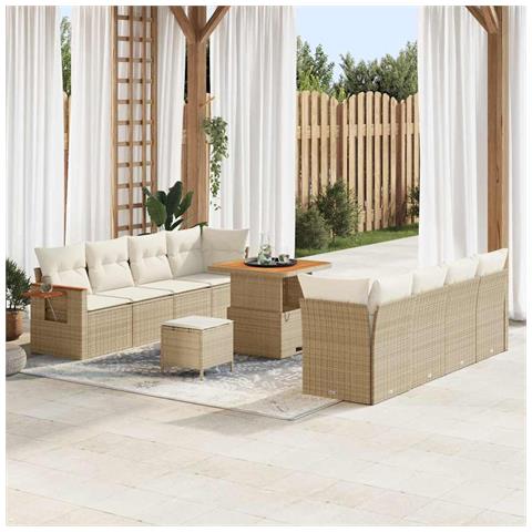 Set di divani da giardino da 11 pezzi con cuscini Beige Polyrattan Acacia, Set da pranzo da giardino da 3 pezzi con cuscini Beige Polyrattan Acacia - Foto 2