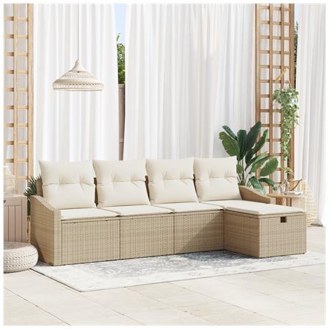 Set di Divani da Giardino da 5 Pezzi con Cuscini Beige Polyrattan - Foto 2