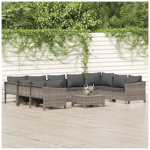 Set Divani da Giardino 10 pz con Cuscini in Polyrattan Grigio - Foto 2