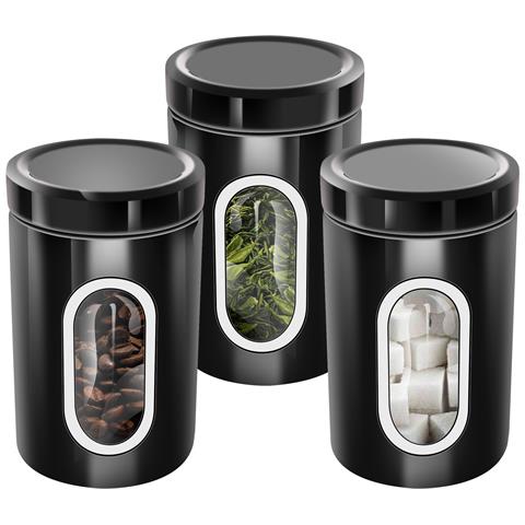 Set 3 Scatole Impilabili Per Caffè Zucchero Finestra Trasparente Ermetiche, Nero - Foto 1