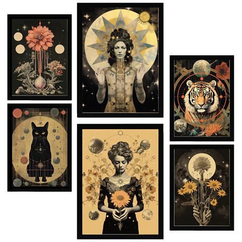 Set Di 6 Stampe Dipinto Decorativo Collage Surreale In Femminile Mistico Ed Esoterico Incorniciato Con Illustrazioni A3 & A4 Cornice Nera - Foto 1