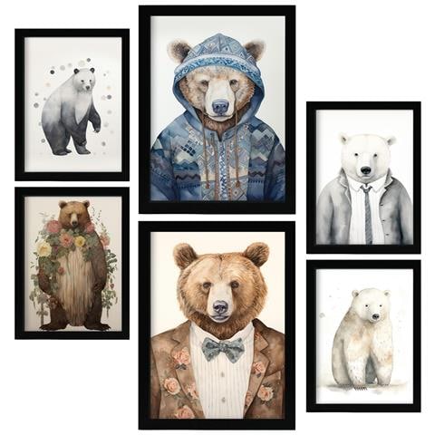 Set Di 6 Stampe Abiti Da Orso All'asilo: Dipinti Decorativi Estetici Per Il Tuo Soggiorno, Camera Da Letto E Casa A3 & A4 Cornice Nera - Foto 1