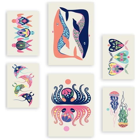 Set Di 6 Stampe Creatures Frames 2 In Animali Astratti Dipinti Decorativi Estetici Per Il Tuo Soggiorno, Camera Da Letto, Casa A3 & A4 Senza Cornice - Foto 1