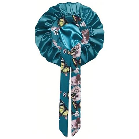 Cuffia Da Notte In Raso Con Stampa Floreale, Tesa Larga E Nastri - Bonnet Extra Large Blue - Foto 1