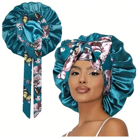 Cuffia Da Notte In Raso Con Stampa Floreale, Tesa Larga E Nastri - Bonnet Extra Large Blue - Foto 2