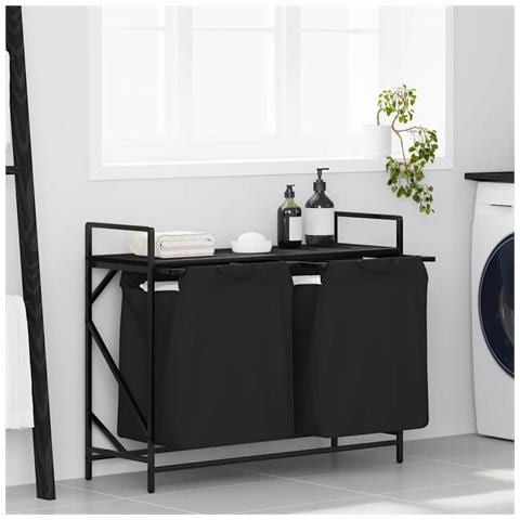 Cesto della Biancheria 2 Scomparti con Ripiano in Rovere Nero - Foto 2