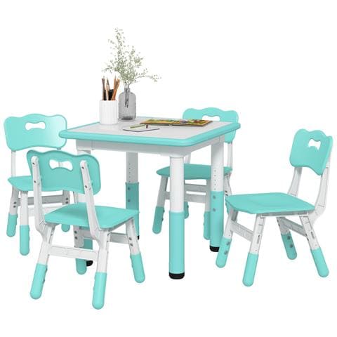 Set Tavolo e Sedie per Bambini 5pz con 4 Sedie Regolabili 32x36x52.5-56 cm e Tavolo 60x60x46-58 cm, Verde - Foto 1