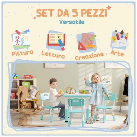Set Tavolo e Sedie per Bambini 5pz con 4 Sedie Regolabili 32x36x52.5-56 cm e Tavolo 60x60x46-58 cm, Verde - Foto 2