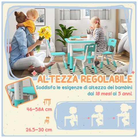 Set Tavolo e Sedie per Bambini 5pz con 4 Sedie Regolabili 32x36x52.5-56 cm e Tavolo 60x60x46-58 cm, Verde - Foto 6