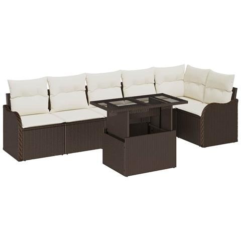 Set di divani da giardino 7 Pezzi  con cuscini Marrone Polyrattan, Divano da giardino 2-Persone  con cuscini Marrone Polyrattan - Foto 1
